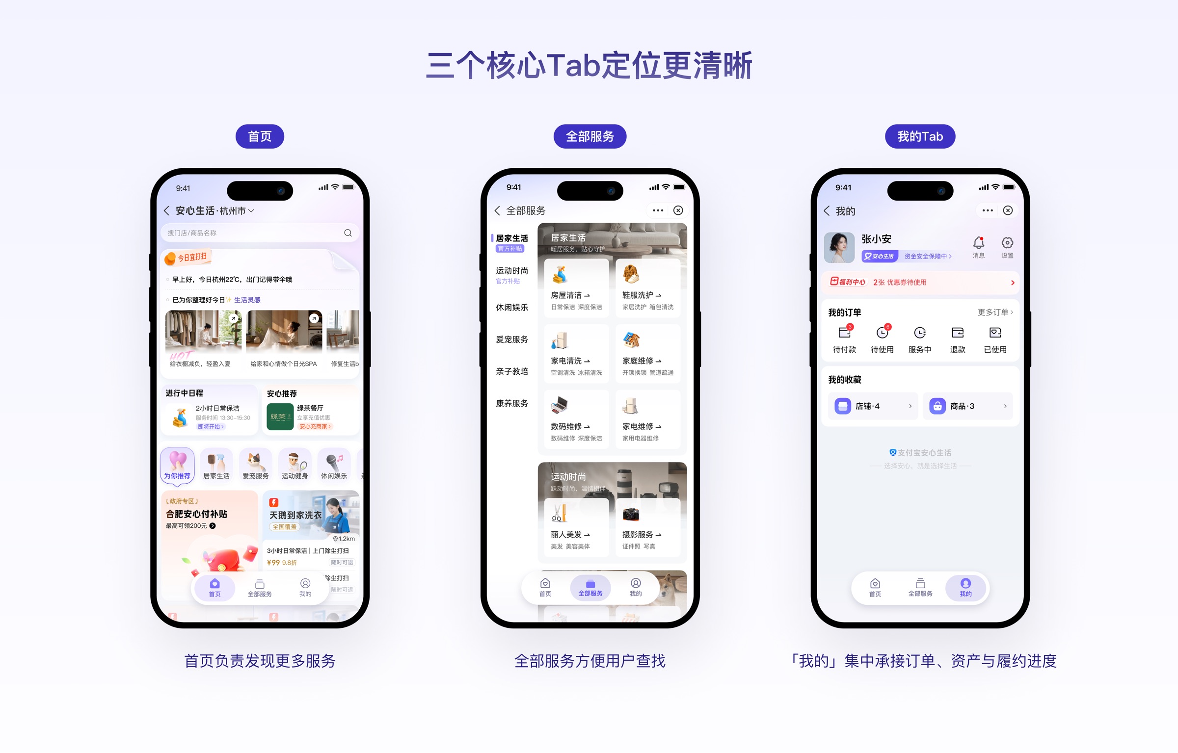 三个核心Tab定位更清晰：首页负责发现、全部服务方便查找、「我的」承接履约