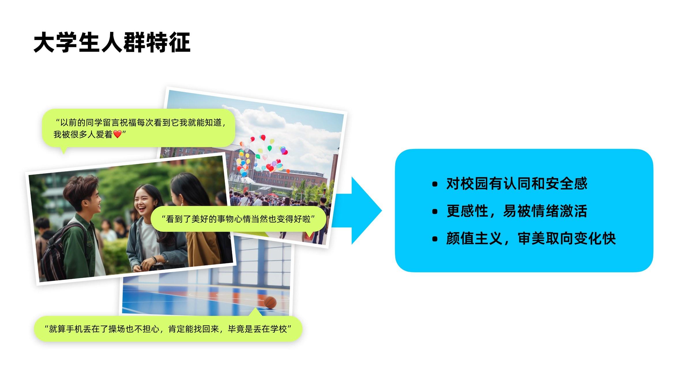 大学生人群特征：校园认同与安全感、感性易被情绪激活、颜值主义