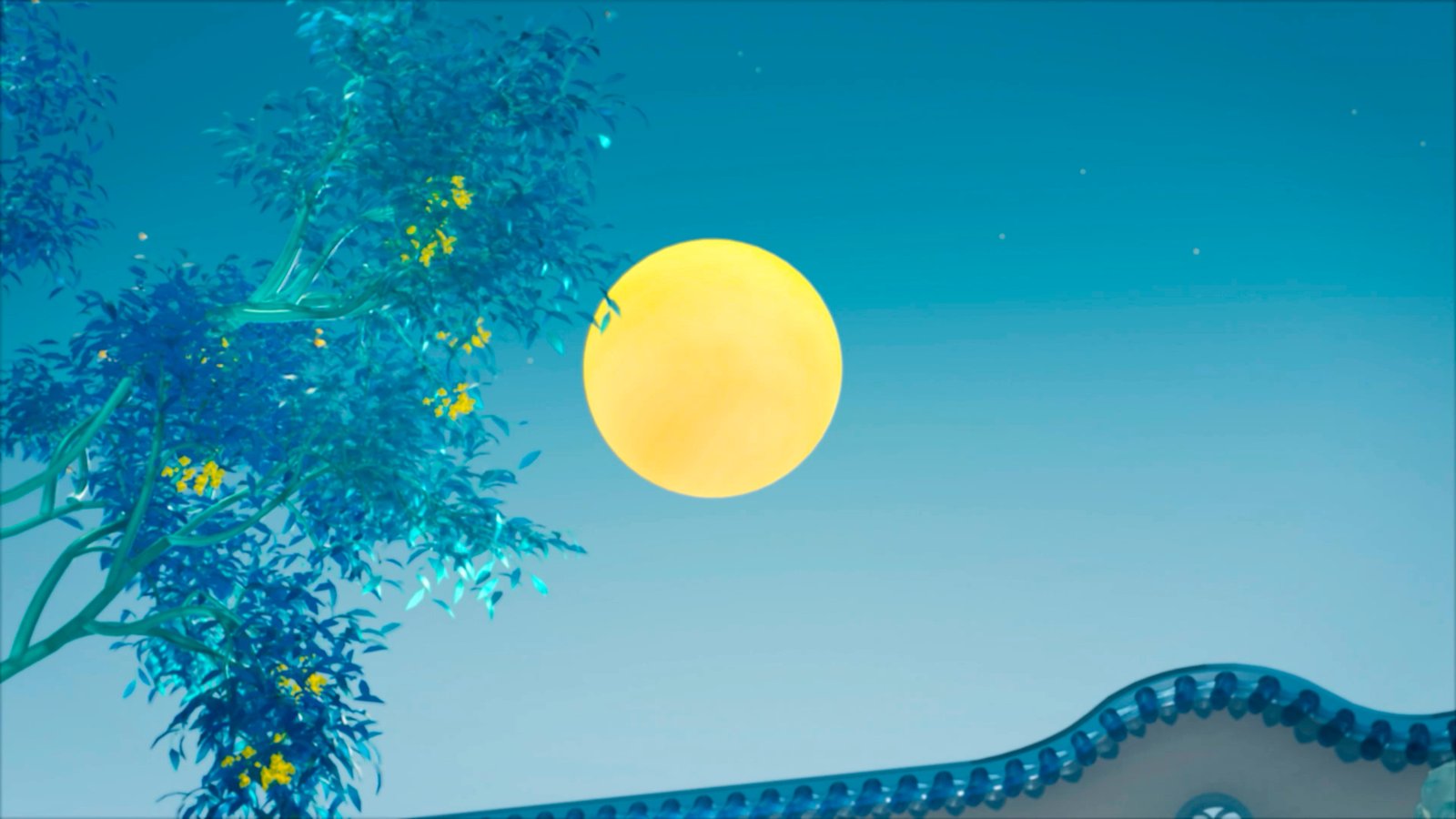 满月桂树与中式屋脊氛围场景图